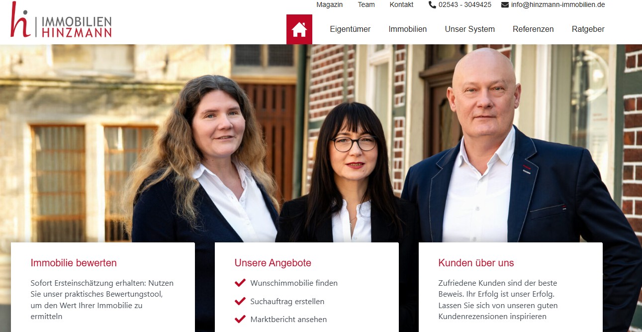 Online-Präsenz, das Marketing, sowie das Photoshooting des Teams. Webseite hinzmann-immobilien.de